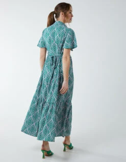 Diamond Print Angel Sleeve Maxi Dress -Moda Ulla Shop BV2647 GREEN 9251