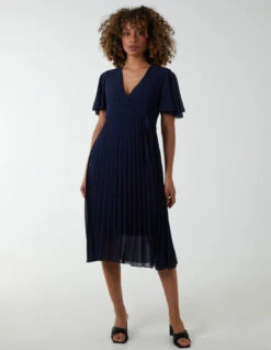 Wrap Tie Pleated Crossover Dress