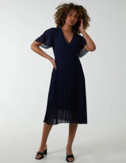 Wrap Tie Pleated Crossover Dress -Moda Ulla Shop BV2676IT NAVY 2903