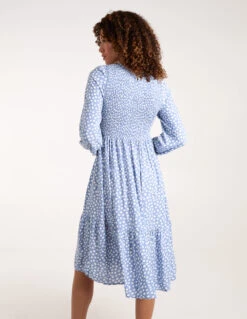 Shirred Bodice Balloon Sleeve Midi Dress -Moda Ulla Shop BV2688 BLUE 4939