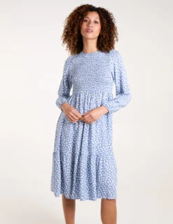 Shirred Bodice Balloon Sleeve Midi Dress