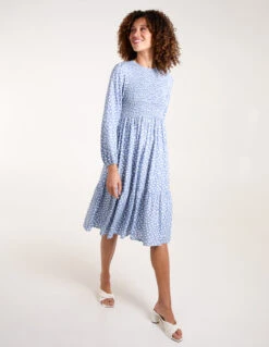 Shirred Bodice Balloon Sleeve Midi Dress -Moda Ulla Shop BV2688 BLUE 4954