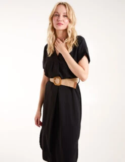 V Neck Midi Dress With Belt -Moda Ulla Shop BV2888 BLACK216