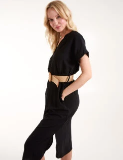 V Neck Midi Dress With Belt -Moda Ulla Shop BV2888 BLACK218