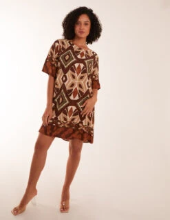 Tribal Print Short Sleeve Dress -Moda Ulla Shop BV3054 RUST 12703
