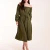 Puff Sleeve Belted Bardot Dress -Moda Ulla Shop BV3124 KHAKI 1885