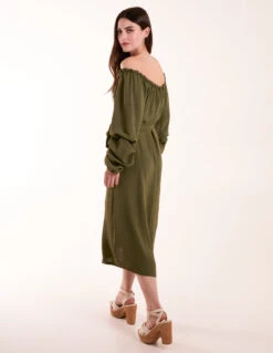 Puff Sleeve Belted Bardot Dress -Moda Ulla Shop BV3124 KHAKI 1926
