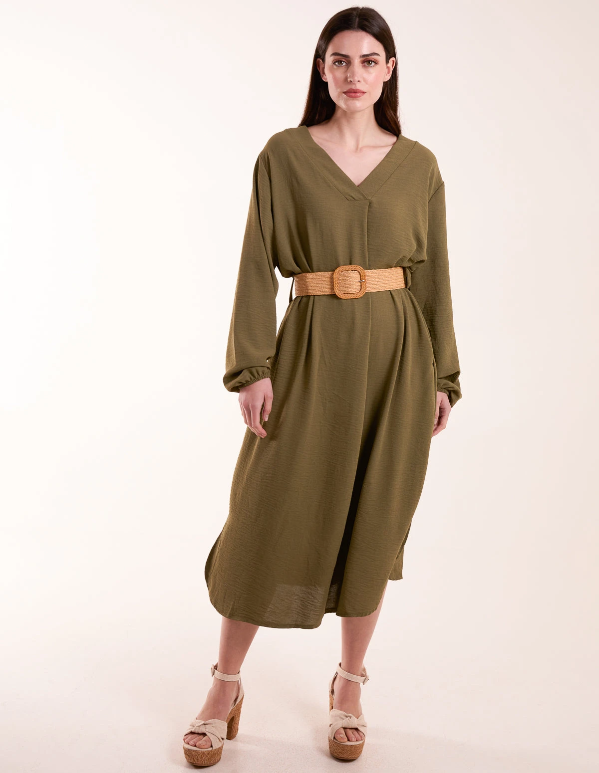 V Neck Long Sleeve Dress With Belt 5 V Neck Long Sleeve Dress With Belt - Image 3