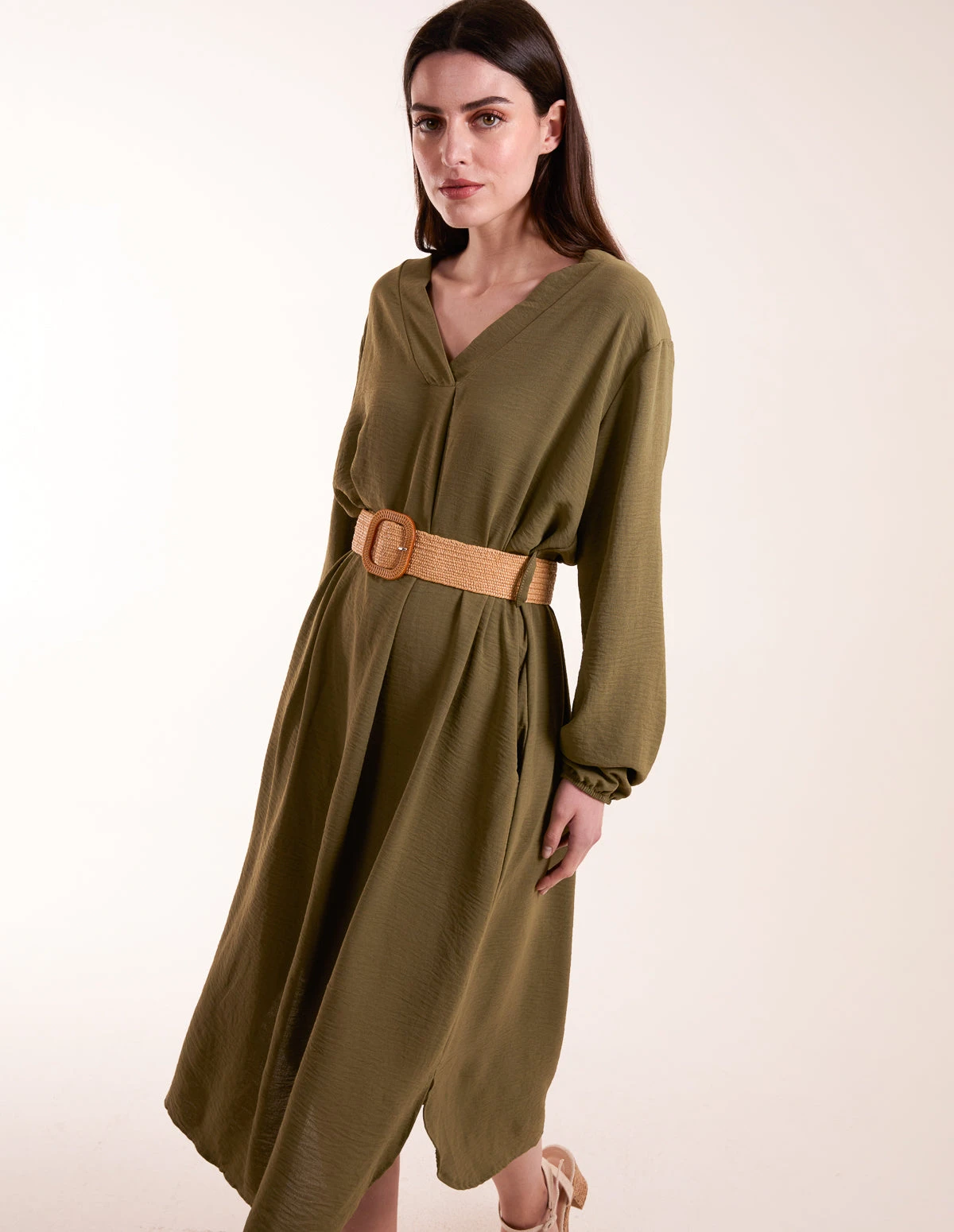 V Neck Long Sleeve Dress With Belt 3 V Neck Long Sleeve Dress With Belt