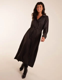 Drawstring Button Through Shirt Maxi Dress -Moda Ulla Shop BV3172IT BLACK 50539