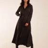 Drawstring Button Through Shirt Maxi Dress -Moda Ulla Shop BV3172IT BLACK 50552