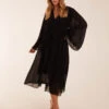 Wrap Front Pleated Sleeve Midi Dress -Moda Ulla Shop BV3178 BLACK 43998