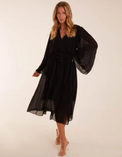 Wrap Front Pleated Sleeve Midi Dress