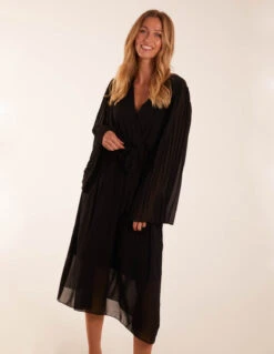 Wrap Front Pleated Sleeve Midi Dress -Moda Ulla Shop BV3178 BLACK 44010