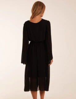 Wrap Front Pleated Sleeve Midi Dress -Moda Ulla Shop BV3178 BLACK 44029