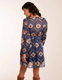 Metallic Blurred Aztec Belted Dress -Moda Ulla Shop BV3242 NAVY 84197