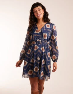 Metallic Blurred Aztec Belted Dress -Moda Ulla Shop BV3242 NAVY 84241