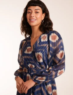 Metallic Blurred Aztec Belted Dress -Moda Ulla Shop BV3242 NAVY 84253