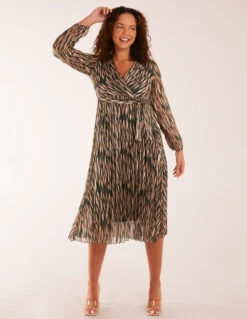 Wrap Over Metallic Vertical Print Dress -Moda Ulla Shop BV3316IT TEAL 19226