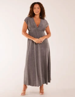 Metallic Pleated Double V Neck Dress -Moda Ulla Shop BV3321 SILVER 19122