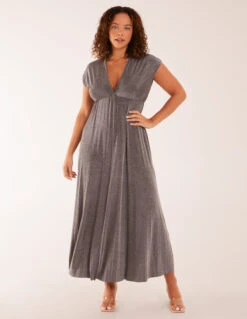 Metallic Pleated Double V Neck Dress
