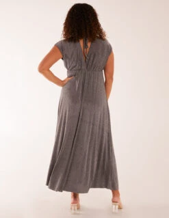 Metallic Pleated Double V Neck Dress -Moda Ulla Shop BV3321 SILVER 19162