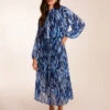 High Neck Puff Ball Pleated Water Colour Dress -Moda Ulla Shop BV3485 NAVY 26525