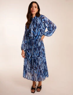 High Neck Puff Ball Pleated Water Colour Dress