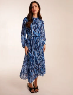High Neck Puff Ball Pleated Water Colour Dress -Moda Ulla Shop BV3485 NAVY 26533