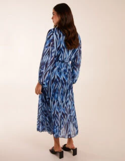 High Neck Puff Ball Pleated Water Colour Dress -Moda Ulla Shop BV3485 NAVY 26554