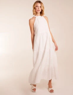 Halter Neck Crochet Detailed Maxi Dress -Moda Ulla Shop BV5110 IVORY 1268