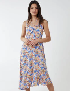 Twist Front Floral Print Midi Dress