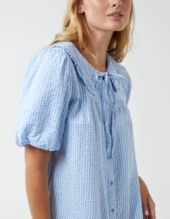Shirt Dress With Plunge Ruffle -Moda Ulla Shop NL1955 LIGHTBLUE 258