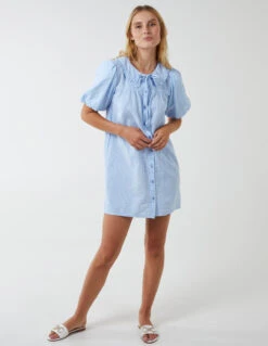 Shirt Dress With Plunge Ruffle -Moda Ulla Shop NL1955 LIGHTBLUE 260