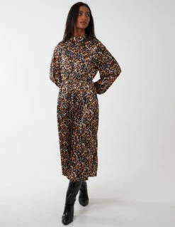 Abstract Animal Print High Neck Blouson Dress -Moda Ulla Shop NL222870 ORANGE 14