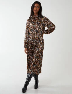 Abstract Animal Print High Neck Blouson Dress -Moda Ulla Shop NL222870 ORANGE 16