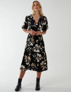 Wrap Front Tier Hem Midi Dress