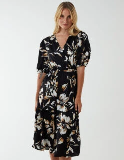 Wrap Front Tier Hem Midi Dress -Moda Ulla Shop NL222913 BLACK 163
