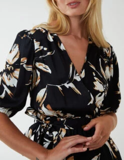 Wrap Front Tier Hem Midi Dress -Moda Ulla Shop NL222913 BLACK 164