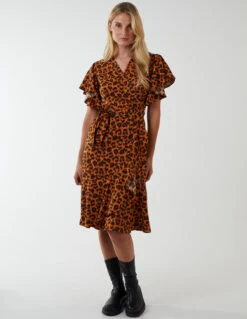 Leopard Print Wrap Ruffle Midi Dress -Moda Ulla Shop NL222914 RUST 177