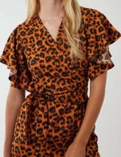 Leopard Print Wrap Ruffle Midi Dress -Moda Ulla Shop NL222914 RUST 179