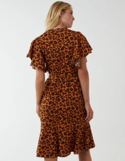 Leopard Print Wrap Ruffle Midi Dress -Moda Ulla Shop NL222914 RUST 180