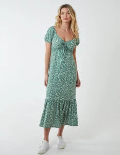 Shirred Milkmaid Sweetheart Midi Dress -Moda Ulla Shop NL233827 JADE 3664