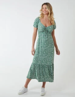 Shirred Milkmaid Sweetheart Midi Dress