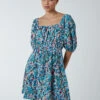 Square Neck Milkmaid Puff Sleeve Mini Dress -Moda Ulla Shop NL233913 TURQUOISE 22706