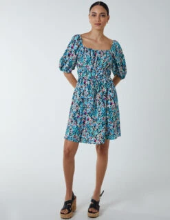 Square Neck Milkmaid Puff Sleeve Mini Dress -Moda Ulla Shop NL233913 TURQUOISE 22747