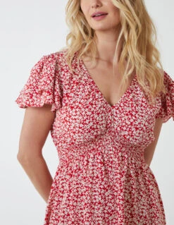 Double Ruffle Empire Shirred Mini Dress 8 Double Ruffle Empire Shirred Mini Dress -Moda Ulla Shop NL233921 RED 3454