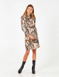 Tie Detail Button Front Brown Dress 10 Tie Detail Button Front Brown Dress -Moda Ulla Shop NL5822 KHAKI BROWN 1