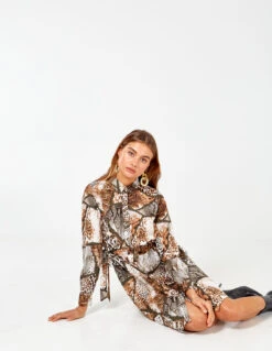 Tie Detail Button Front Brown Dress 9 Tie Detail Button Front Brown Dress -Moda Ulla Shop NL5822 KHAKI BROWN 5