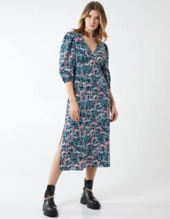 3/4 Puff Frill Sleeve Midi Dress